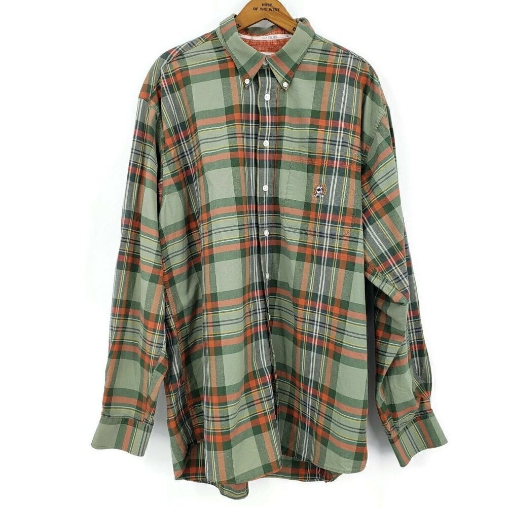 Cinch Button Down Shirt Mens XL Cotton Green Orange Plaid Long Sleeve